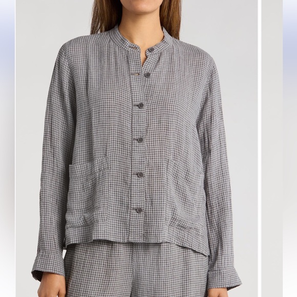 Eileen Fisher NWT Checkered Organic Cotton Mandarin Collar Button Down Shacket